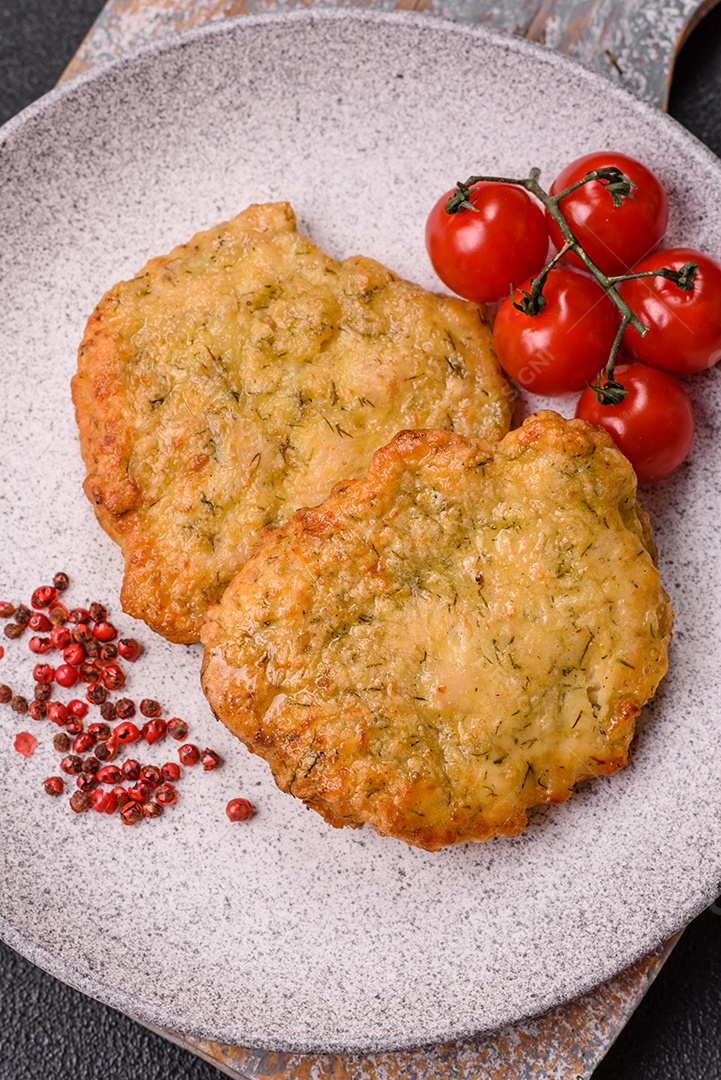 A imagem mostra pedaços de frango frito, acompanhados por tomates cereja e pimenta rosa.