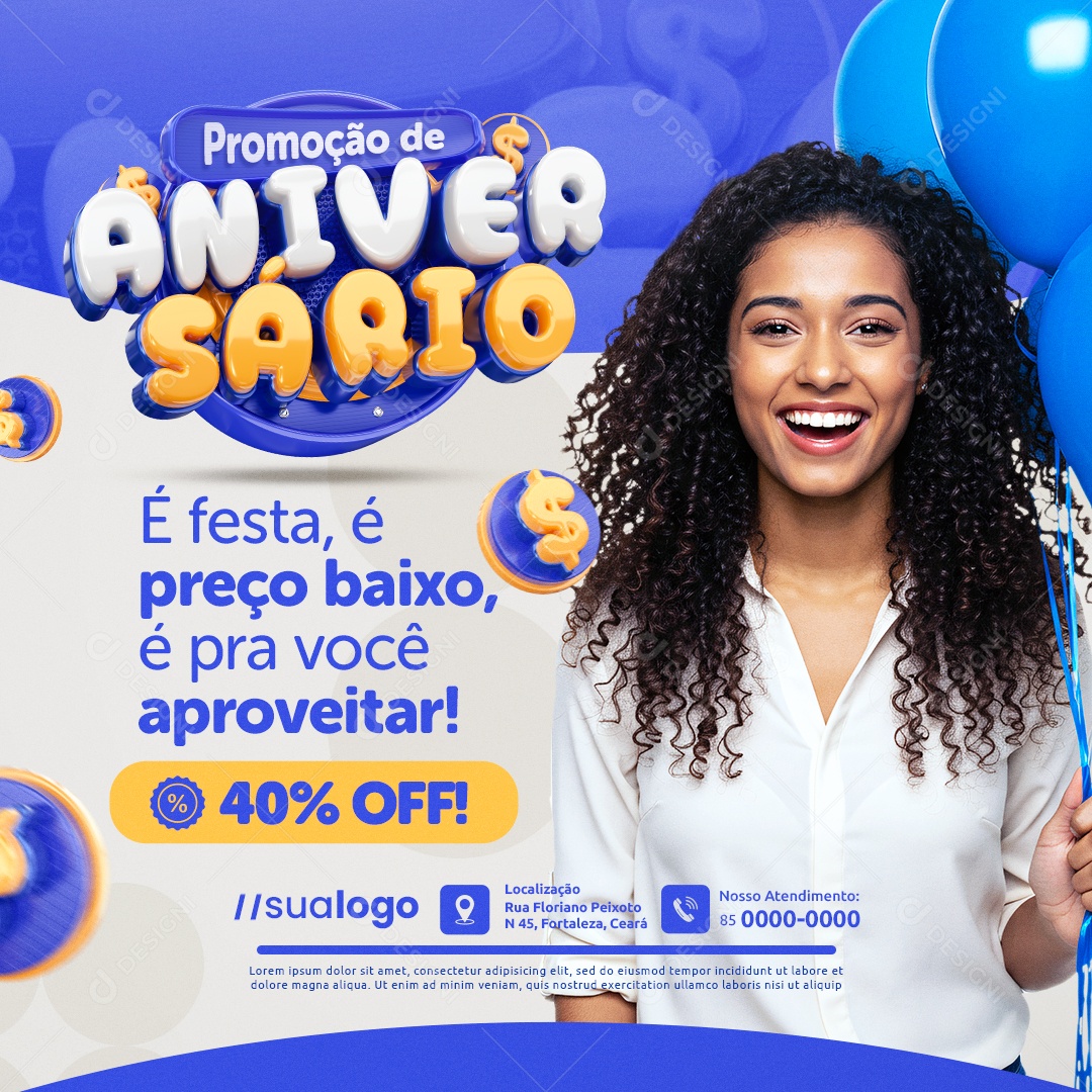 Promoção de Aniversário Supermercado é Festa é Preço Baixo Social Media PSD Editável