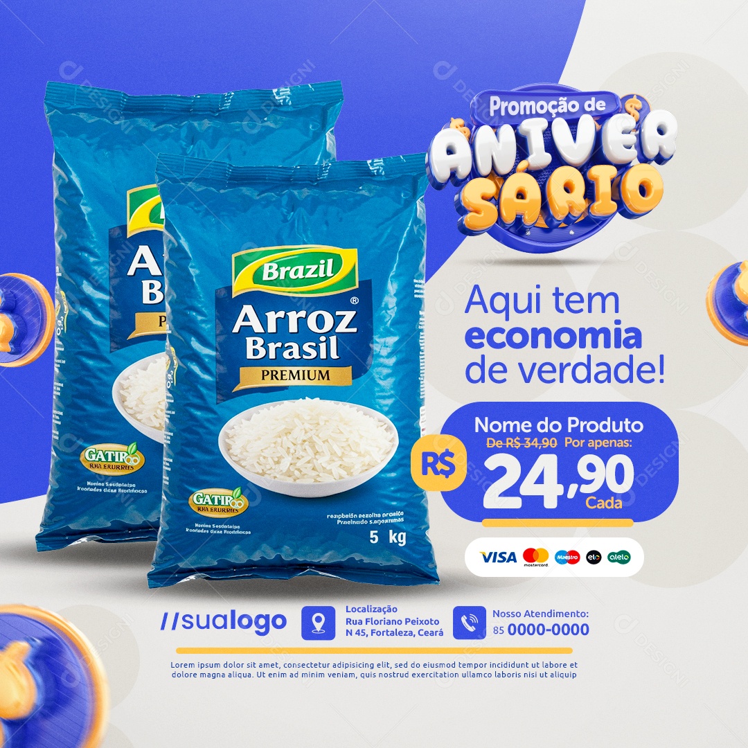 Promoção de Aniversário Supermercado Arroz Aqui tem Economia Social Media PSD Editável