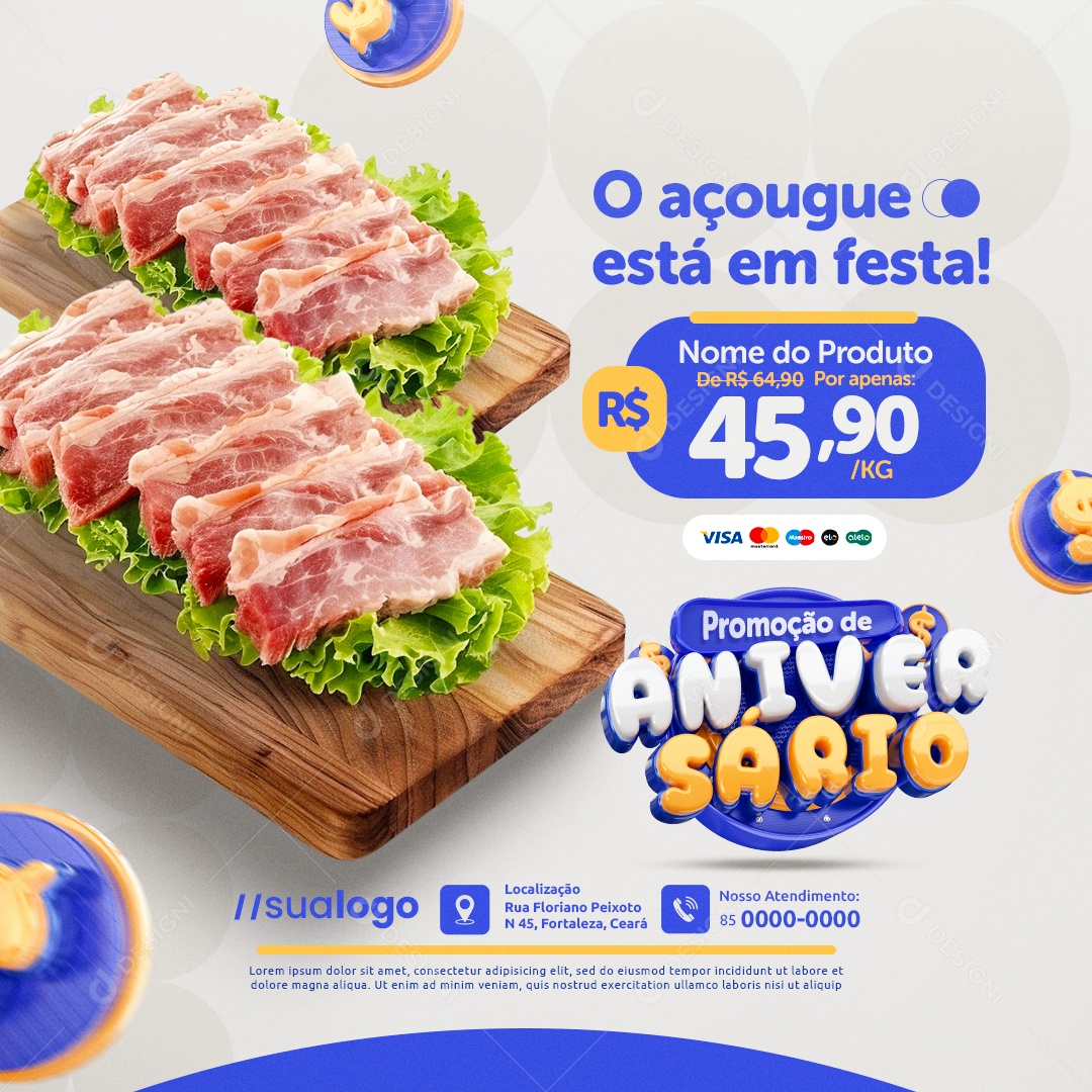 Promoção de Aniversário Supermercado o Açougue Está em Festa Social Media PSD Editável