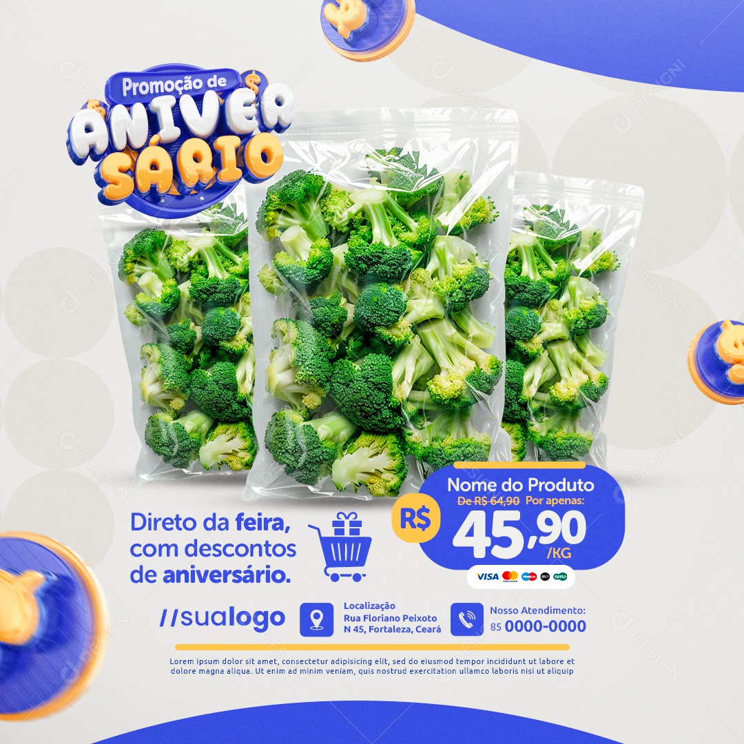 Promoção de Aniversário Supermercado Verdura Direto da Feira Social Media PSD Editável