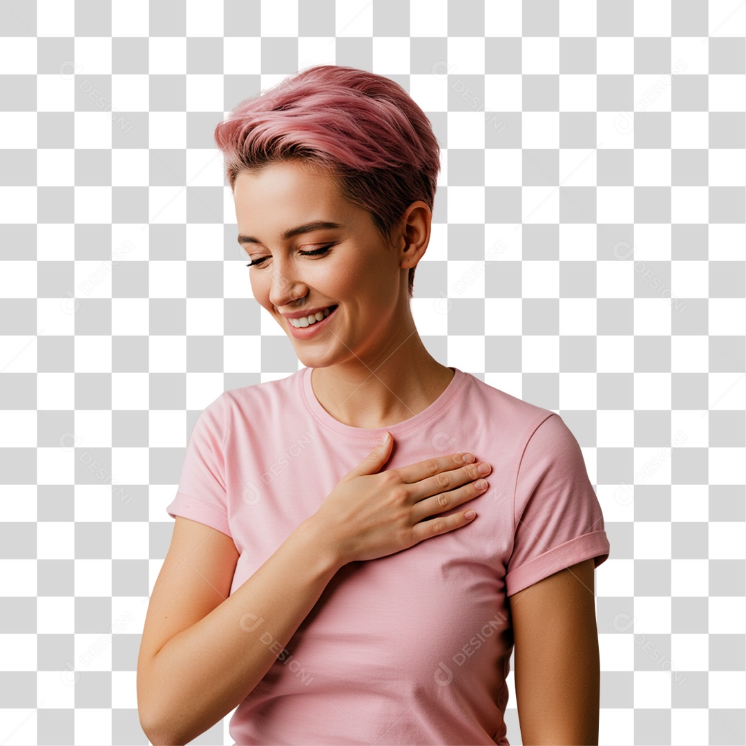Mulher com Mão no Peito Outubro Rosa PNG Transparente