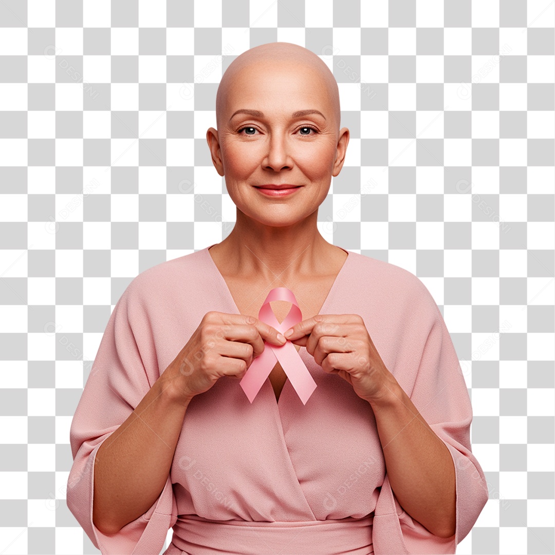 Mulher Segurando Laço Outubro Rosa PNG Transparente