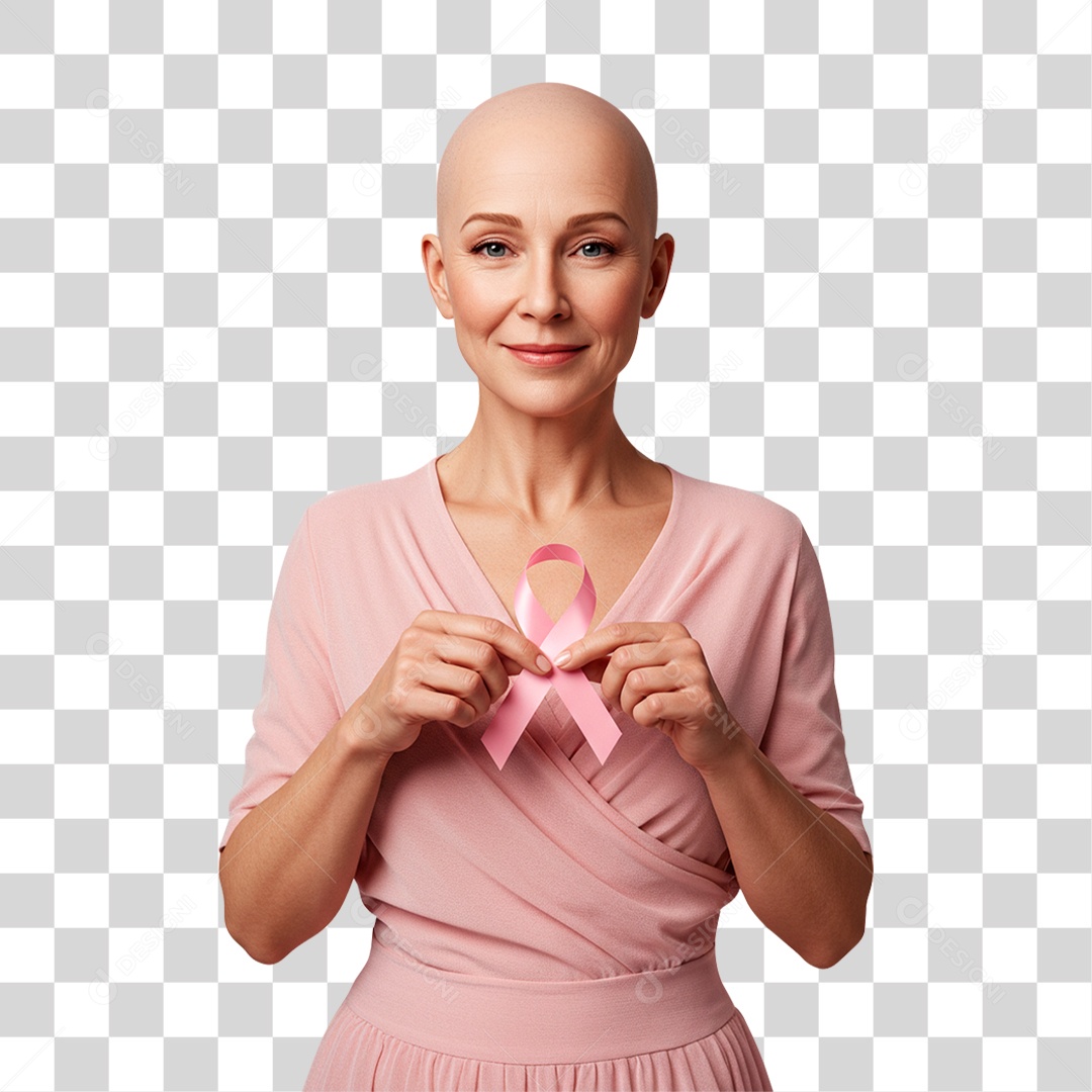 Mulher Segurando Laço Outubro Rosa PNG Transparente