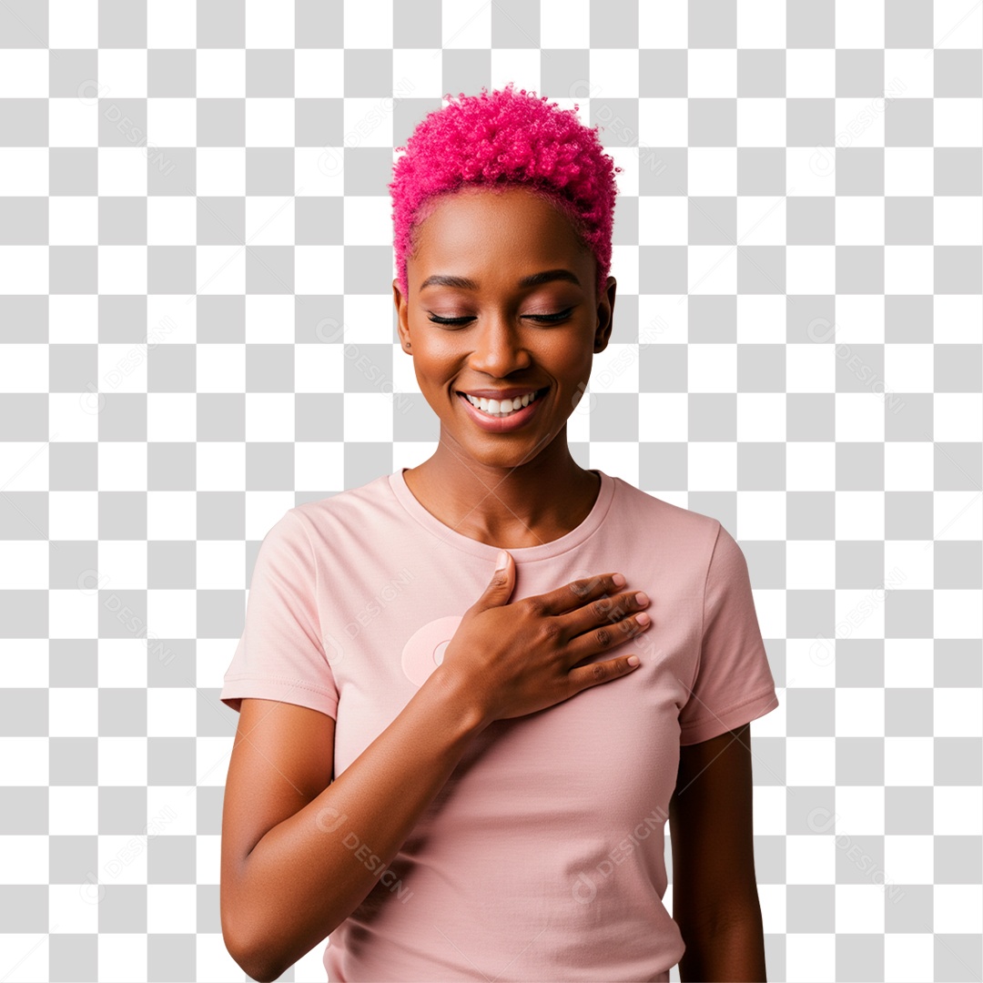 Mulher com Mão no Peito Outubro Rosa PNG Transparente