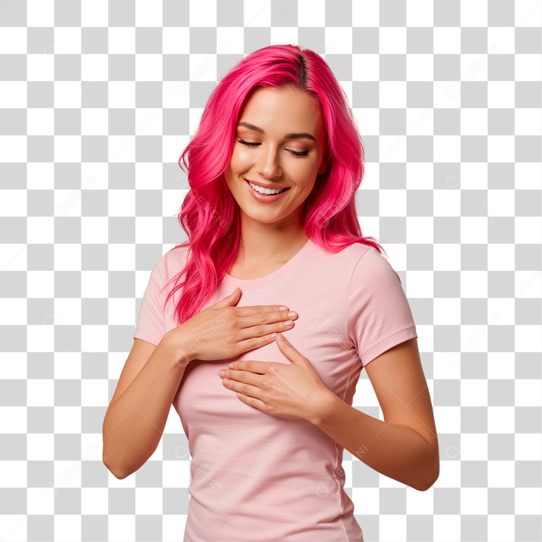 Mulher com Mão no Peito Outubro Rosa PNG Transparente