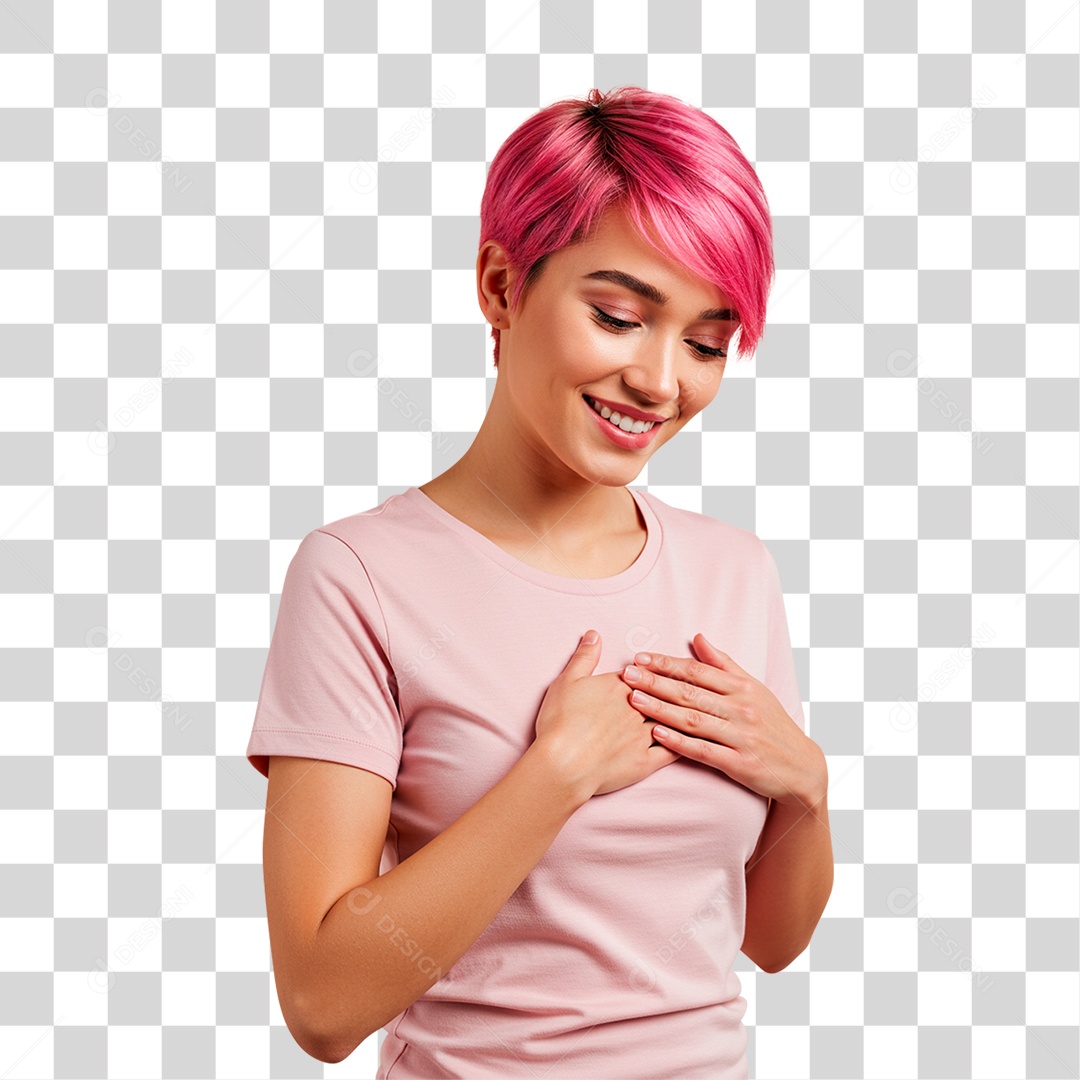 Mulher com Mão no Peito Outubro Rosa PNG Transparente