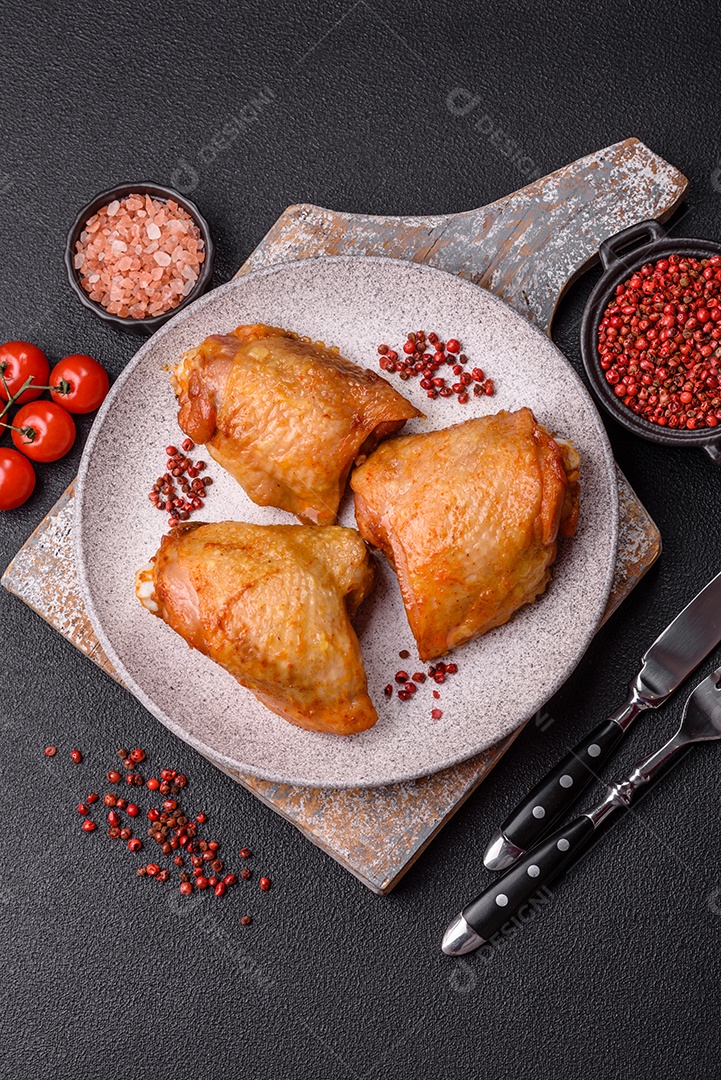 A imagem mostra sobrecoxas de frango, que são uma parte popular e saborosa da ave.