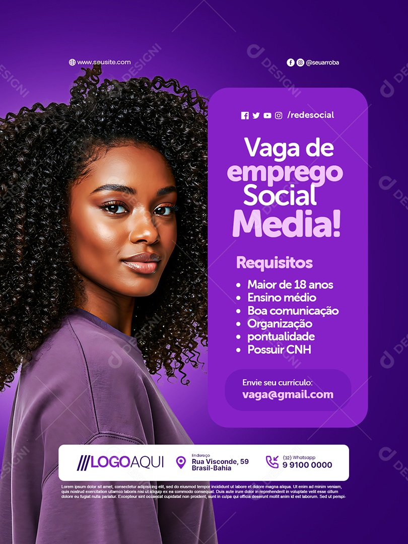 Recrutamento Emprego Vaga Social Media Envie seu Currículo Social Media PSD Editável