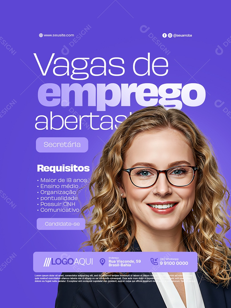 Recrutamento Emprego Vagas Abertas Secretária Social Media PSD Editável