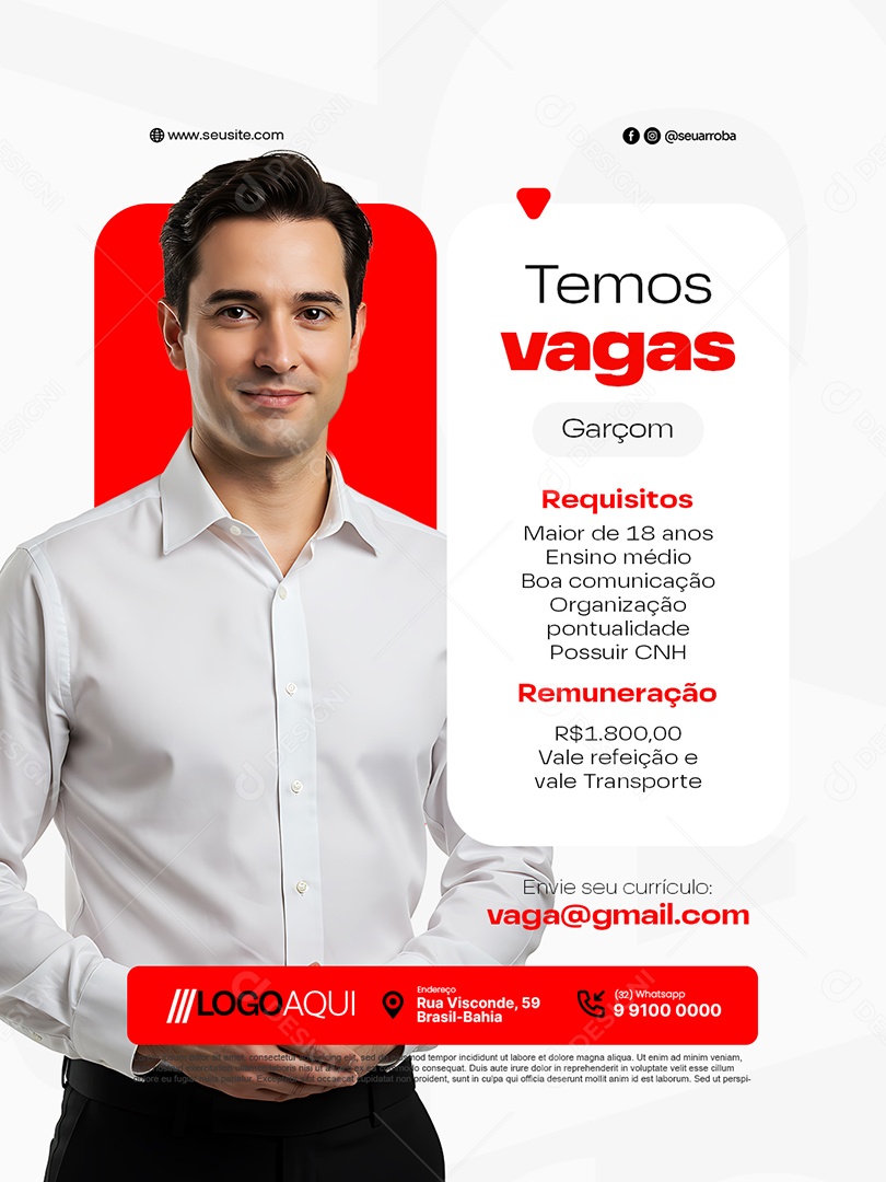 Recrutamento Emprego Temos Vagas Garçom Social Media PSD Editável