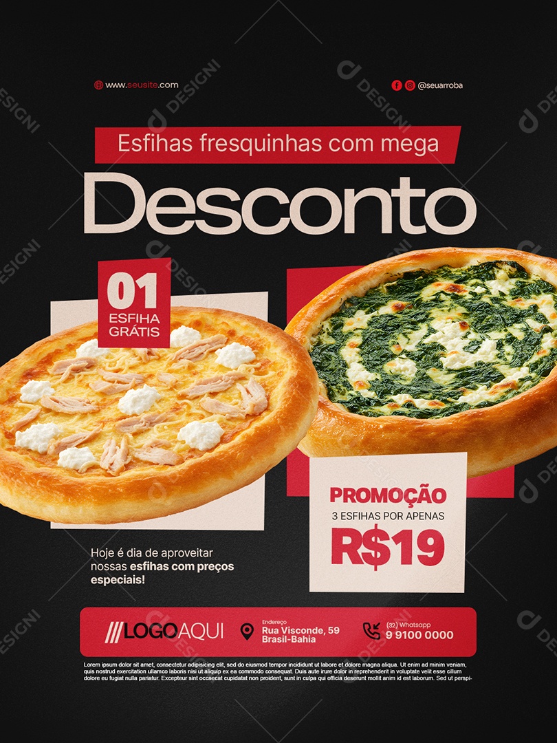 Promoção Esfihas Fresquinhas com Mega Desconto Social Media PSD Editável