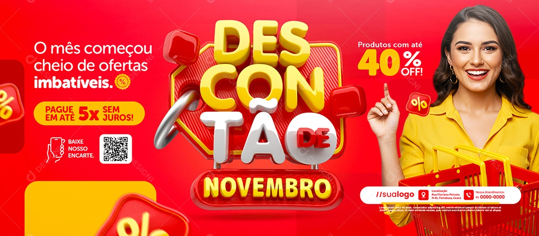Banner Descontão de Novembro Supermercado Produtos com Até 40% Off Social Media PSD Editável