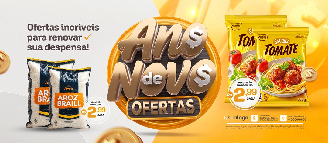Banner Ano Novo de Ofertas Supermercado Ofertas Incríveis Social Media PSD Editável