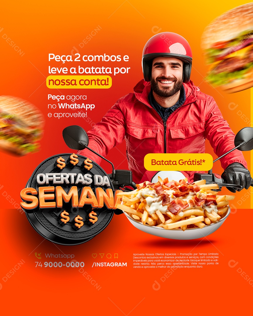 Promoção Hamburgueria Peça Dois Combos e Leve a Batata Social Media PSD Editável