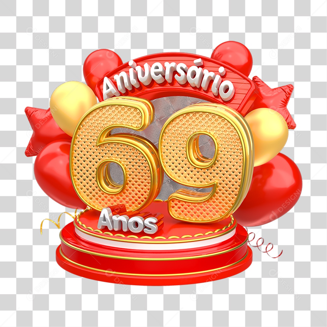 Selo 3D Aniversário 69 Anos para Composição PNG Transparente