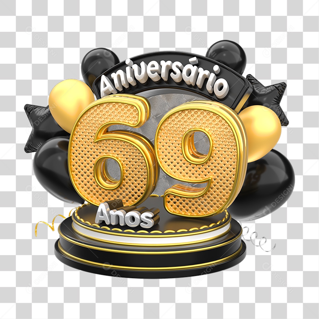 Selo 3D Aniversário 69 Anos para Composição PNG Transparente