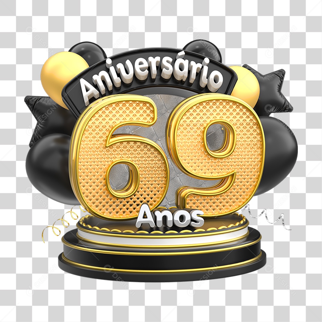 Selo 3D Aniversário 69 Anos para Composição PNG Transparente