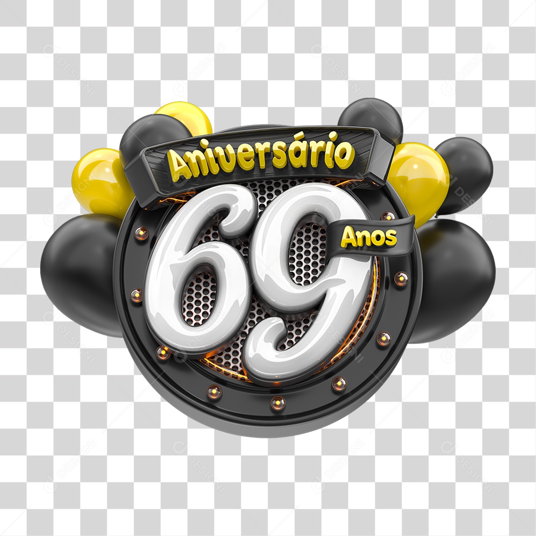Selo 3D Aniversário 69 Anos para Composição PNG Transparente
