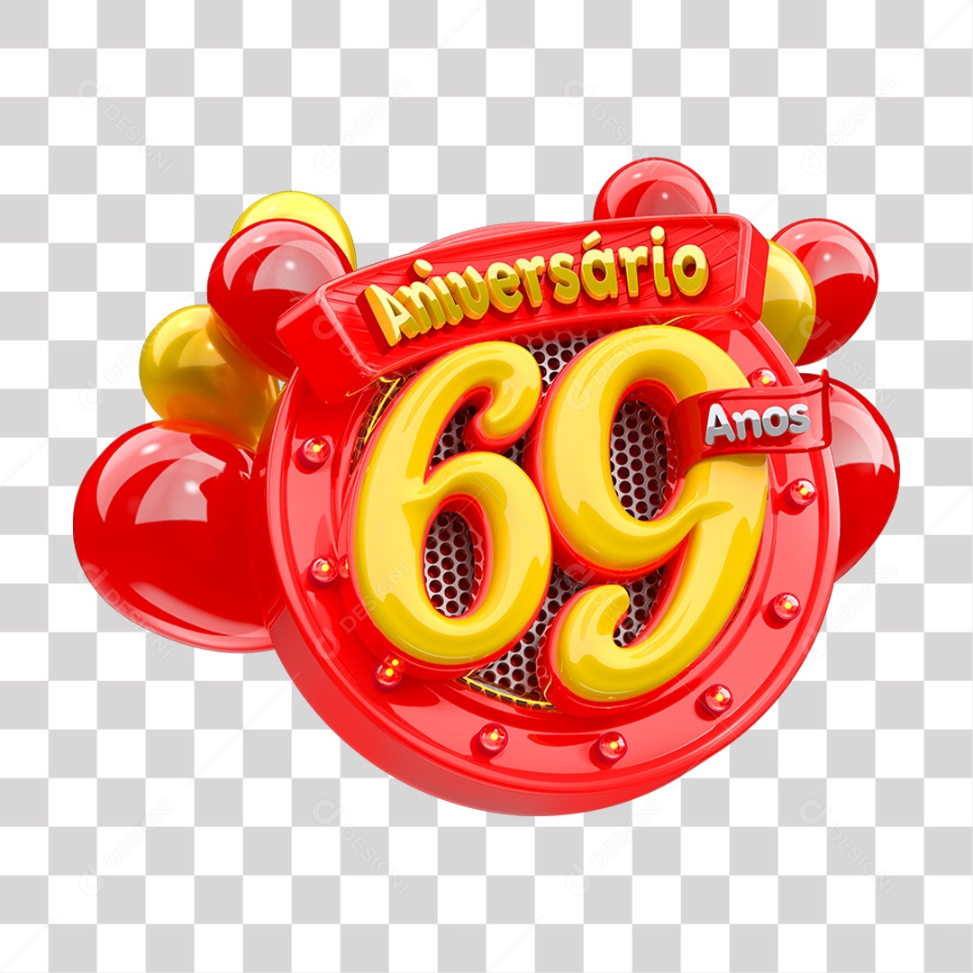 Selo 3D Aniversário 69 Anos para Composição PNG Transparente