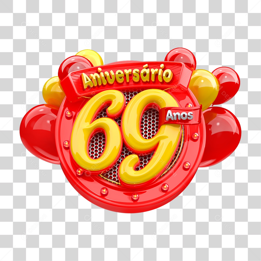 Selo 3D Aniversário 69 Anos para Composição PNG Transparente