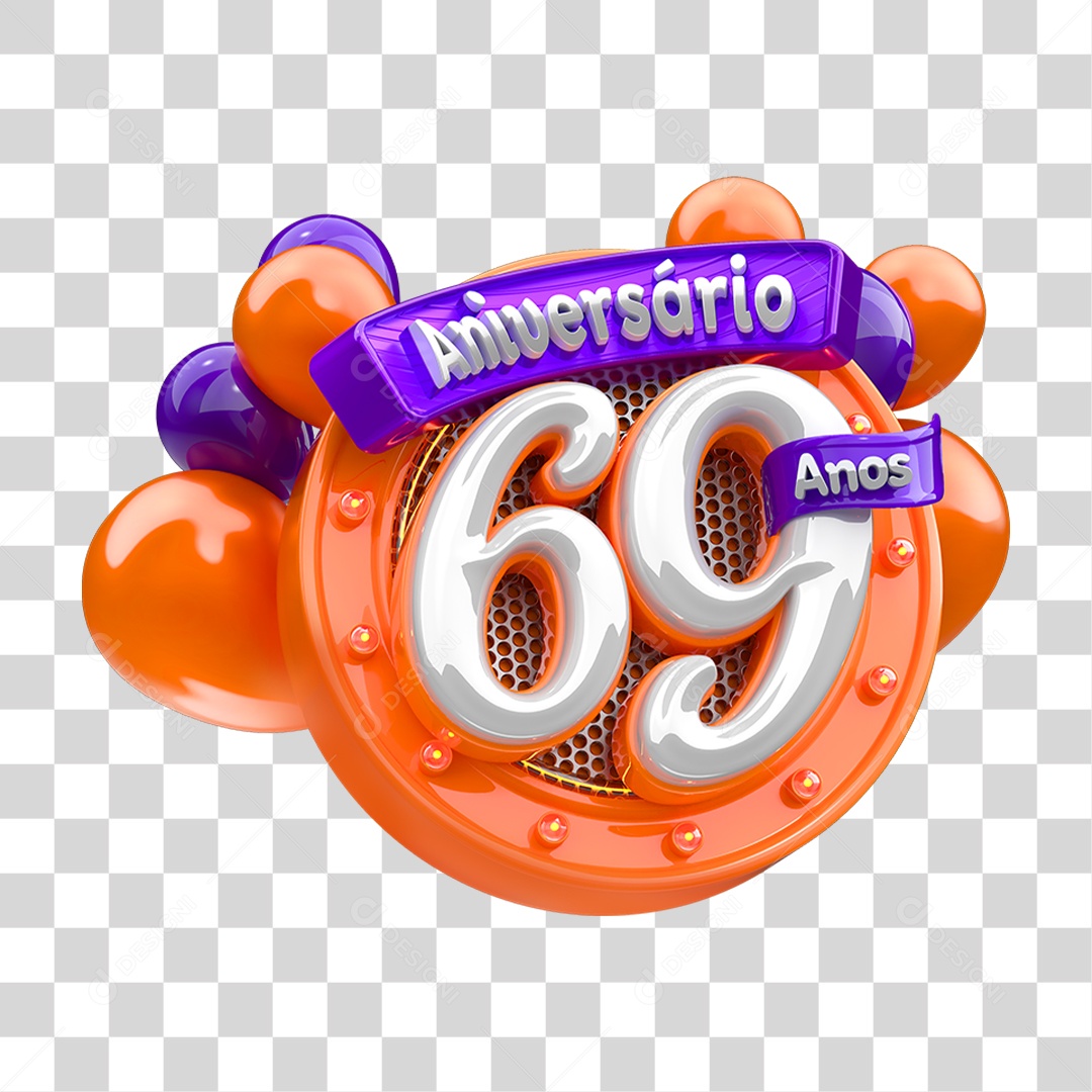 Selo 3D Aniversário 69 Anos para Composição PNG Transparente