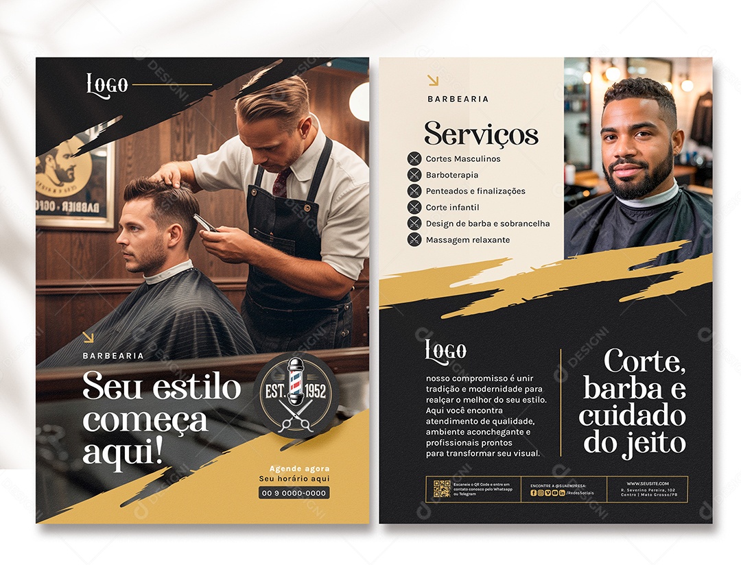 Panfleto Barbeiro Seu Estilo Começa Aqui Barbearia Serviços PSD Editável