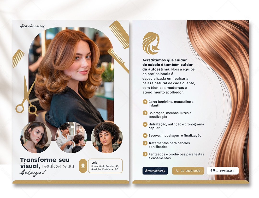Panfleto Cabeleireira Transforme seu Visual Realce Sua Beleza PSD Editável