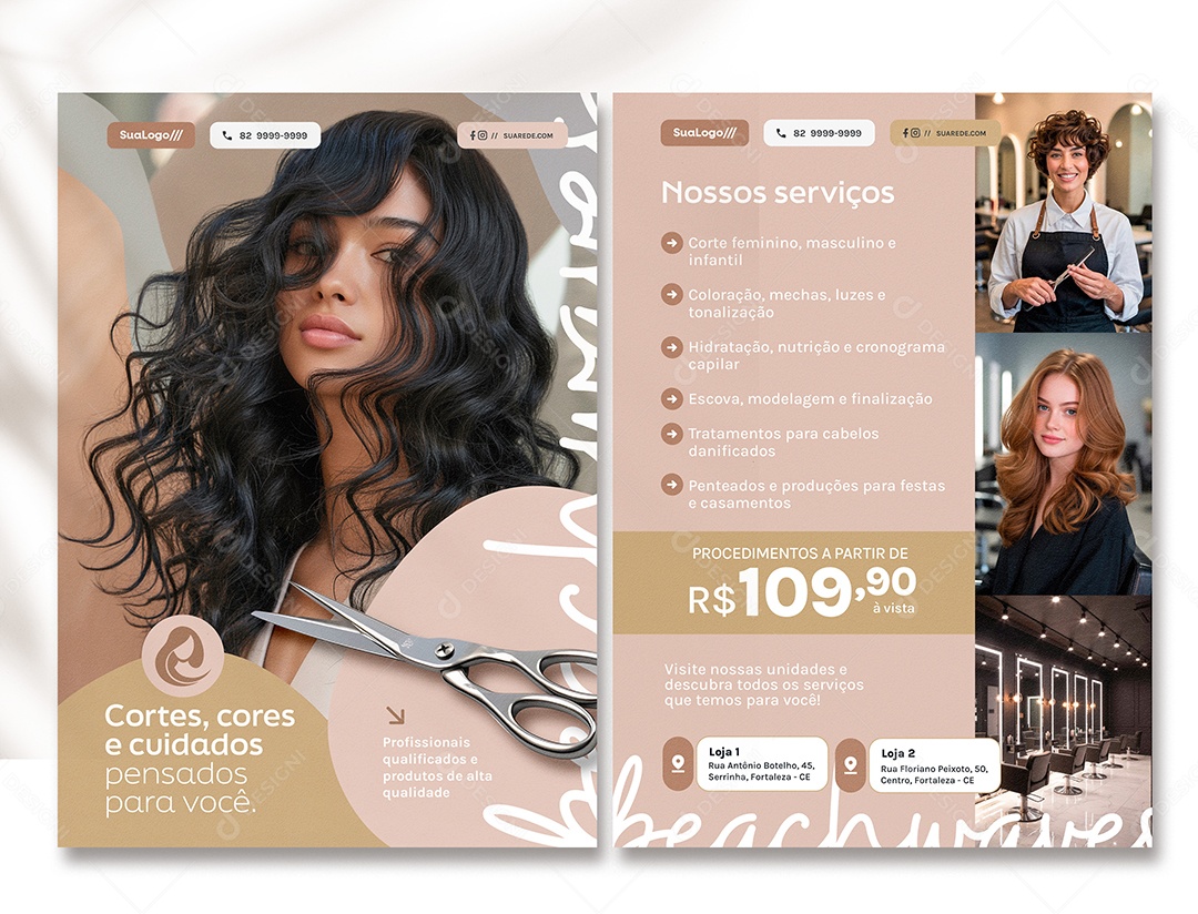Panfleto Cabeleireira Cortes Cores e Cuidados Pensados para Você PSD Editável