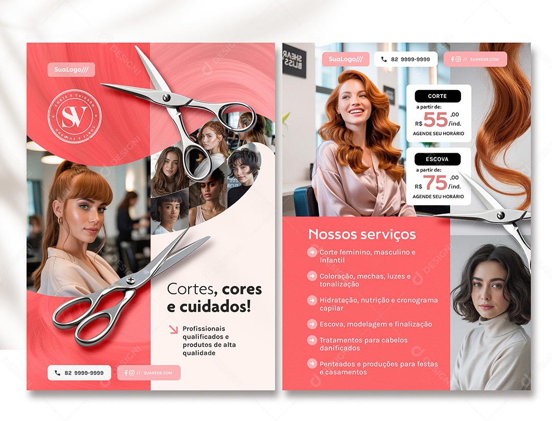Panfleto Cabeleireira Cortes Cores e Cuidados PSD Editável