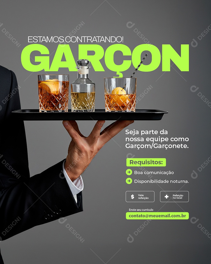 Vaga de Emprego Estamos Contratando Garçom Social Media PSD Editável