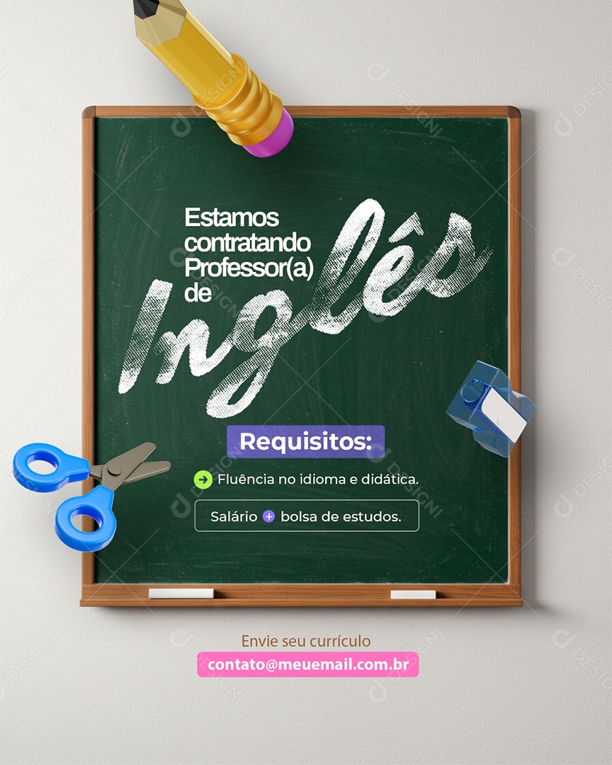 Vaga de Emprego Estamos Contratando Professor de Inglês Social Media PSD Editável