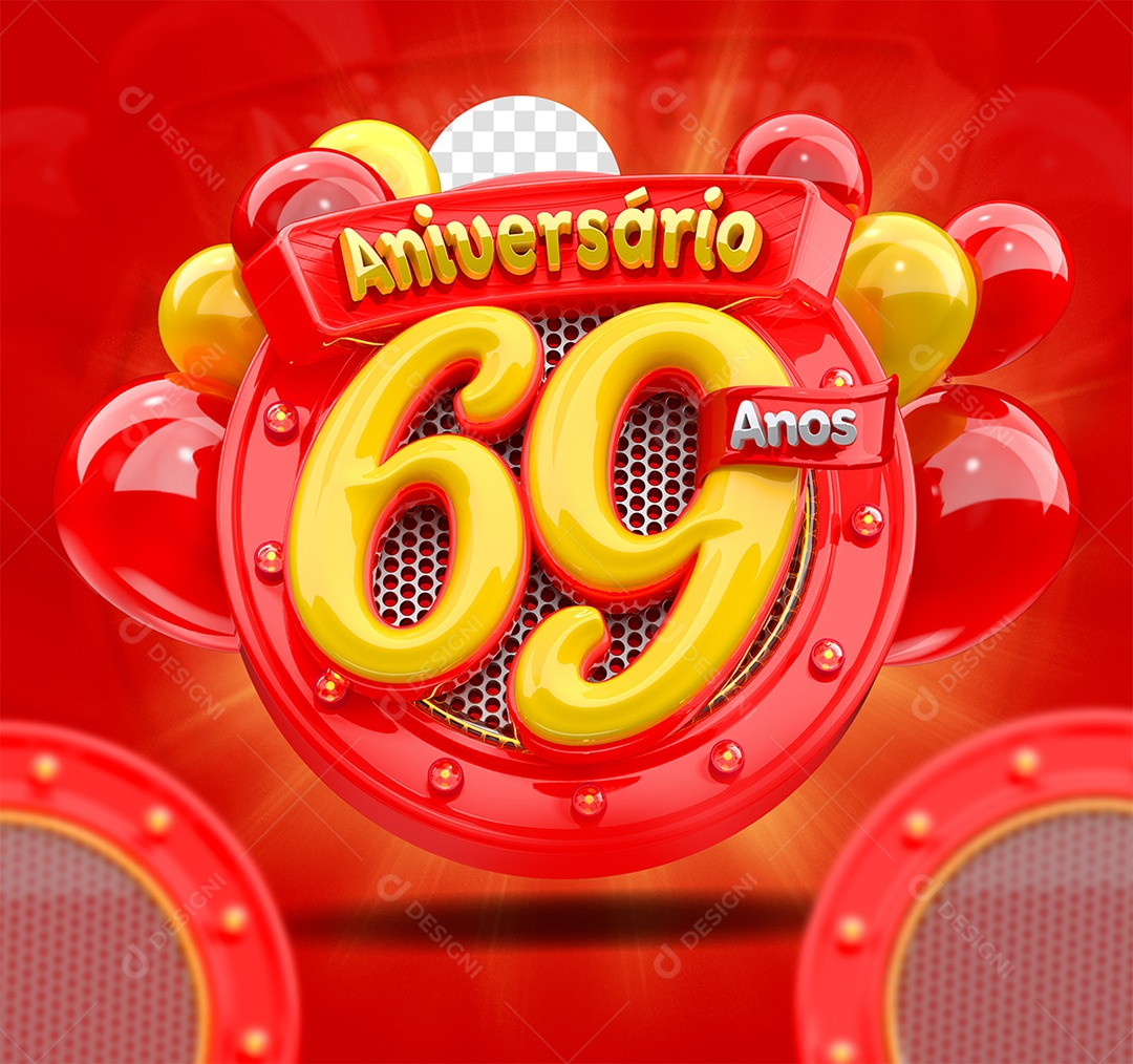 Aniversário 69 Anos Selo 3D Amarelo e Vermelho para Composição PSD