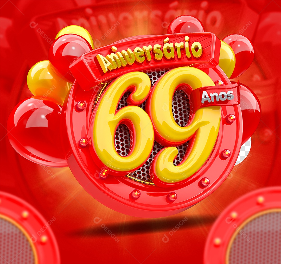 Aniversário 69 Anos Selo 3D Amarelo e Vermelho para Composição PSD