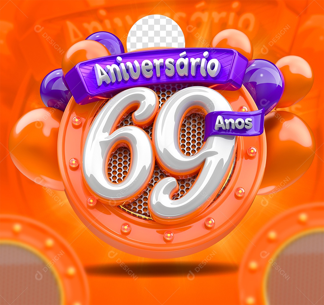 Aniversário 69 Anos Selo 3D Laranja e Roxo para Composição PSD