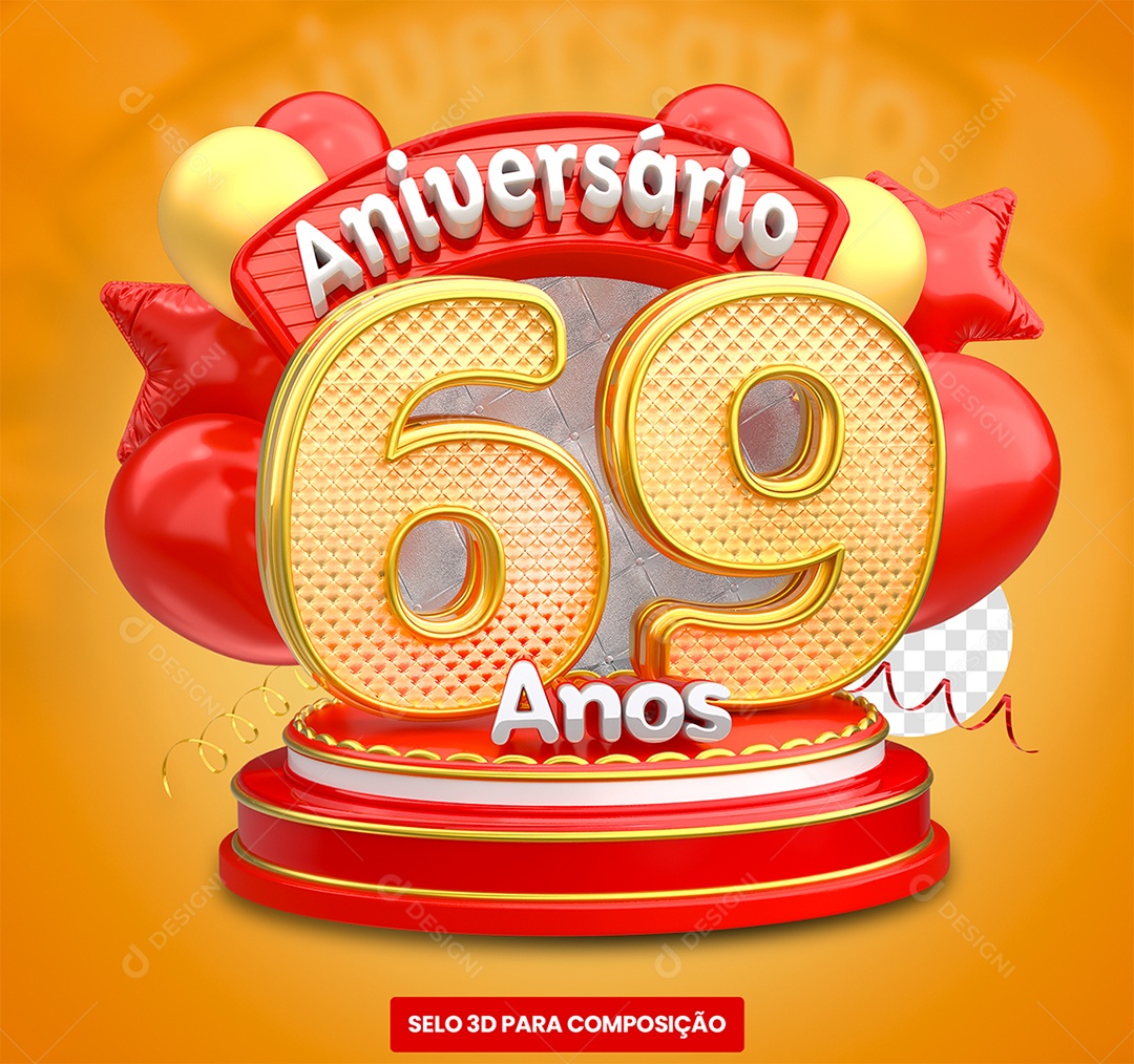 Aniversário 69 Anos Selo 3D Vermelho e Dourado para Composição PSD
