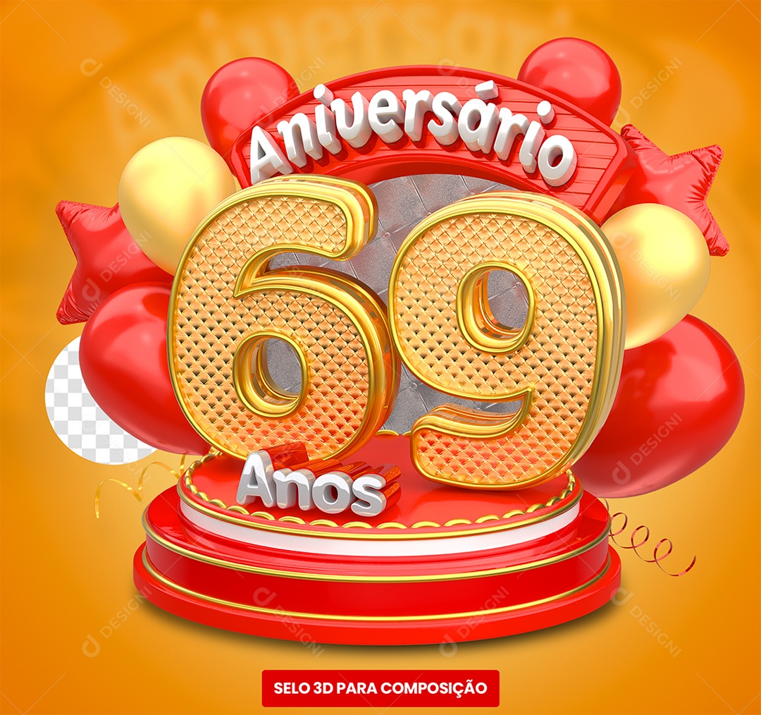 Aniversário 69 Anos Selo 3D Vermelho e Dourado para Composição PSD