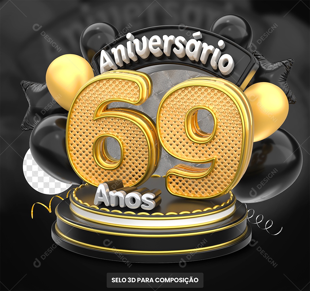 Aniversário 69 Anos Selo 3D para Composição PSD