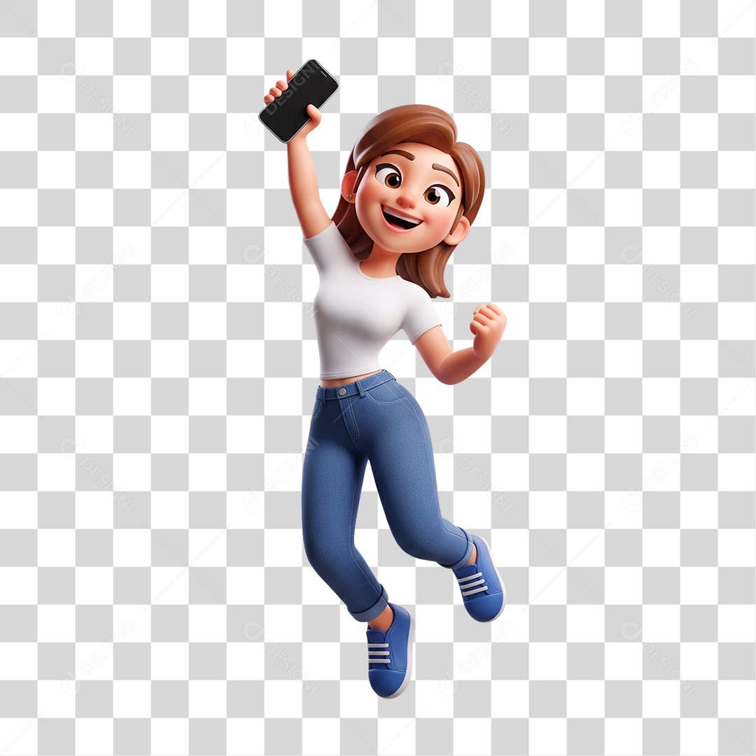 Mulher Pulando e Segurando Celular PNG Transparente