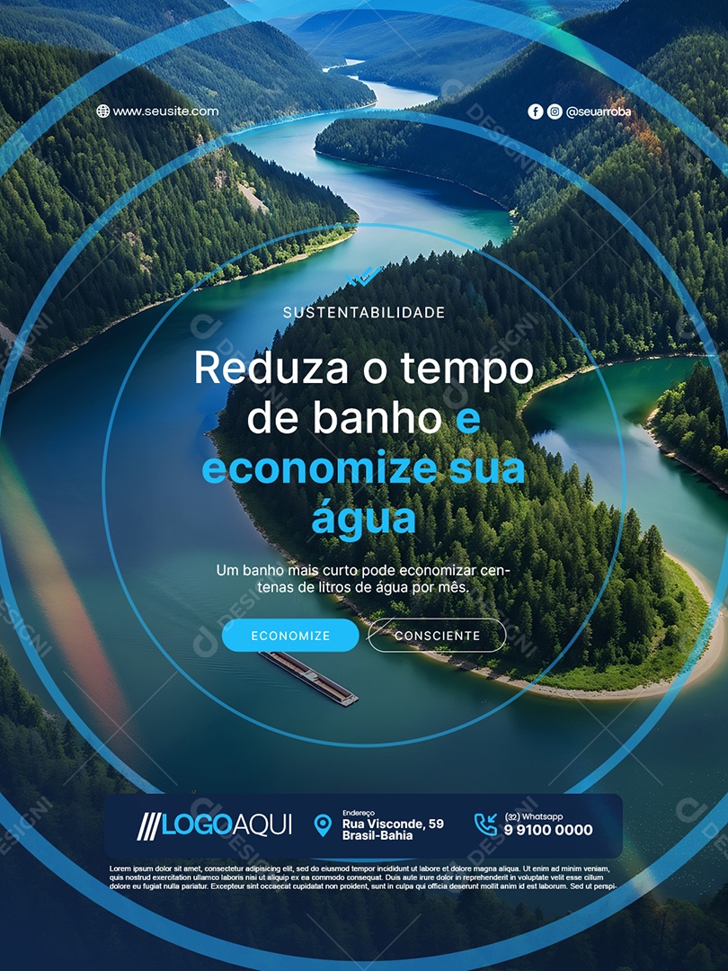 Conscientização Sobre a Água Reduza o Tempo de Banho e Economize Social Media PSD Editável