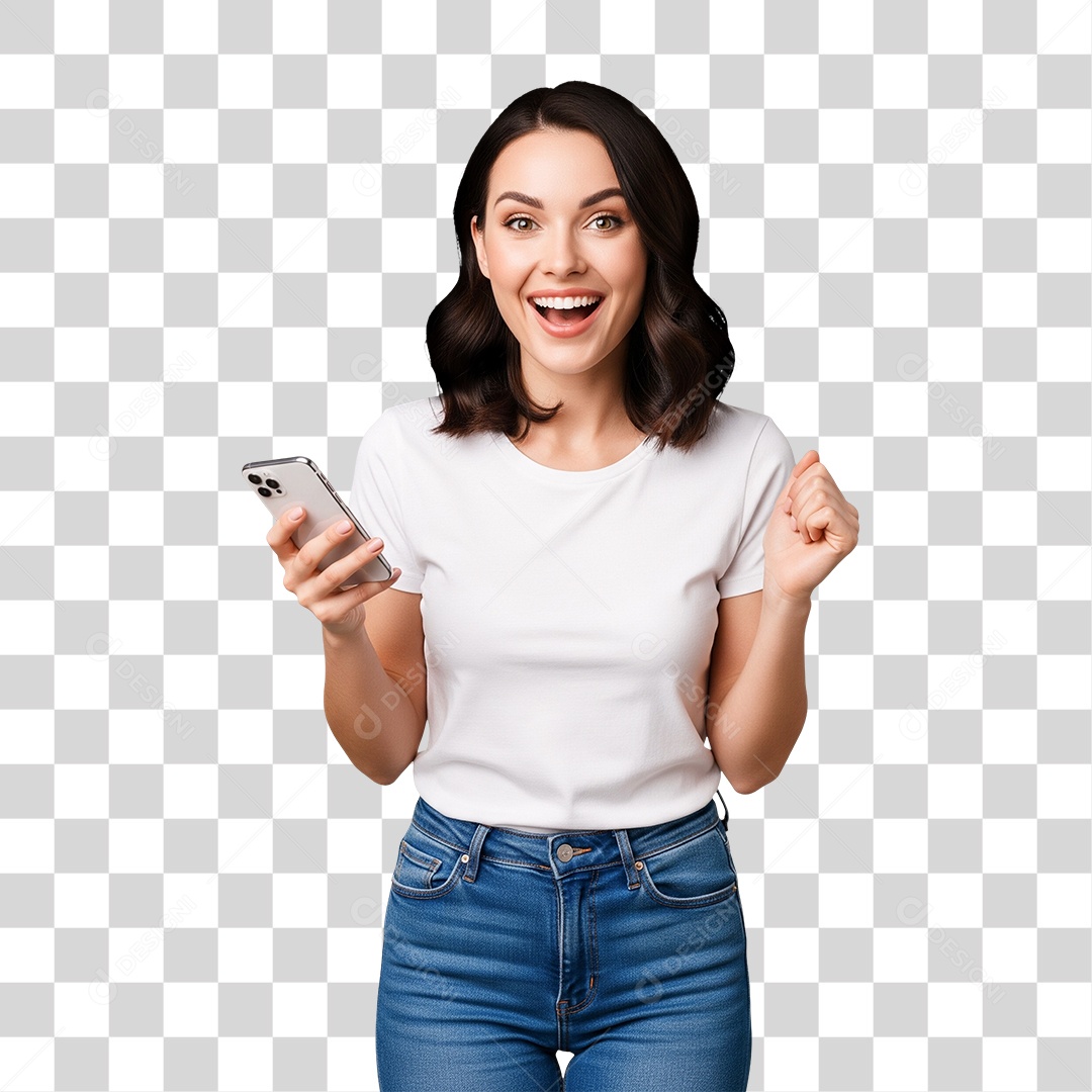 Mulher Jovem Sorrindo com Celular PNG Transparente