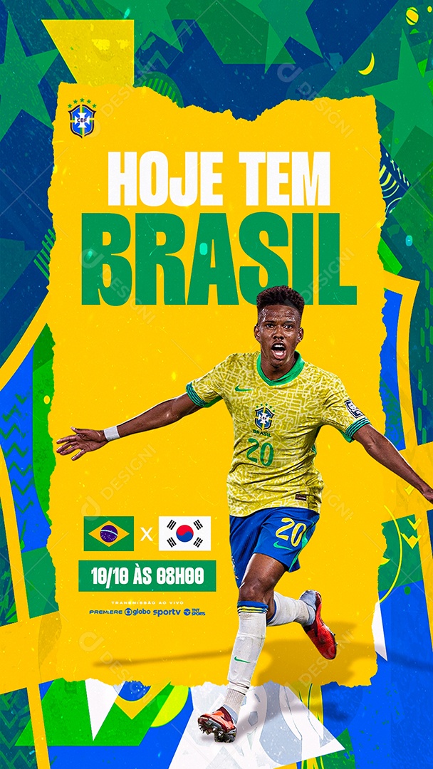 Hoje tem Brasil x Coreia do Sul 10 de Outubro as 8h Story Social Media PSD Editável