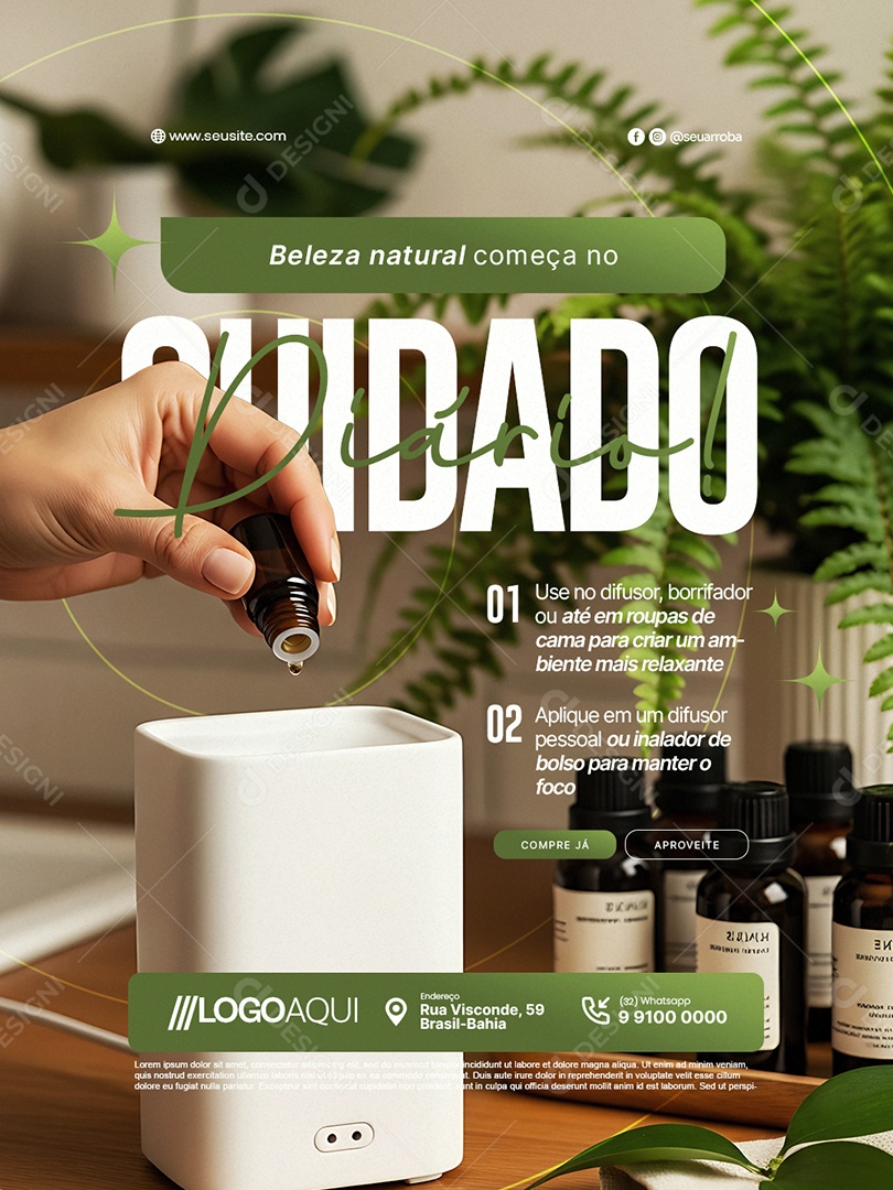 Óleos Essenciais Beleza Natural Começa no Cuidado Diário Social Media PSD Editável