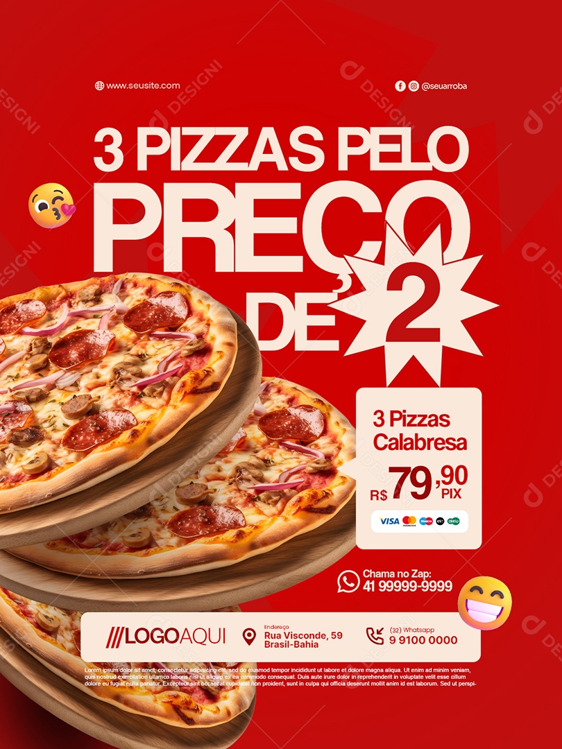 Pizzaria Três Pizzas Pelo Preço de Duas Social Media PSD Editável