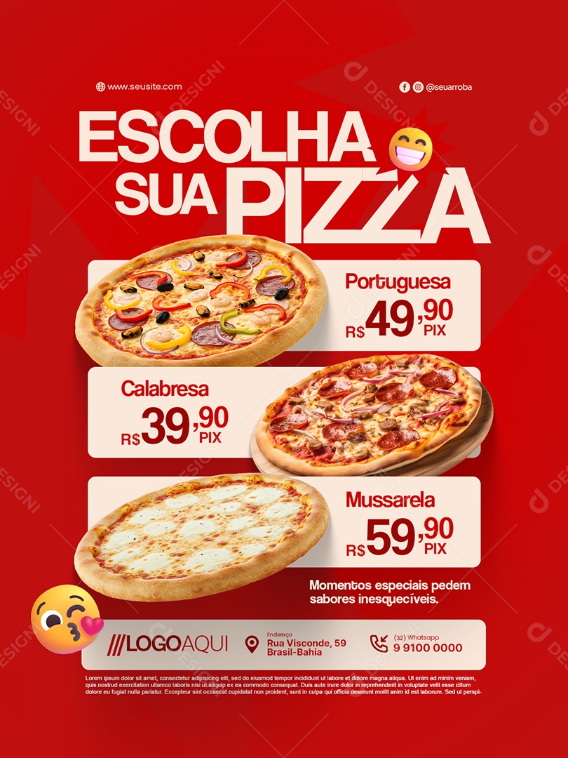 Pizzaria Escolha sua Pizza Portuguesa Calabresa Mussarela Social Media PSD Editável