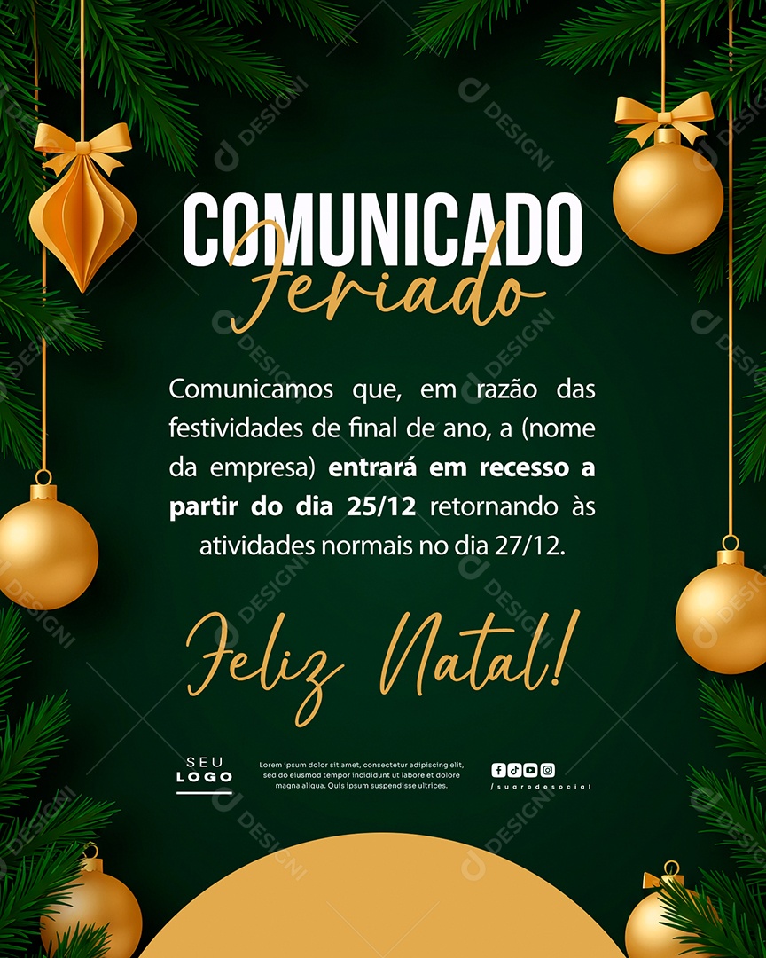 Comunicado Feriado Feliz Natal Social Media PSD Editável
