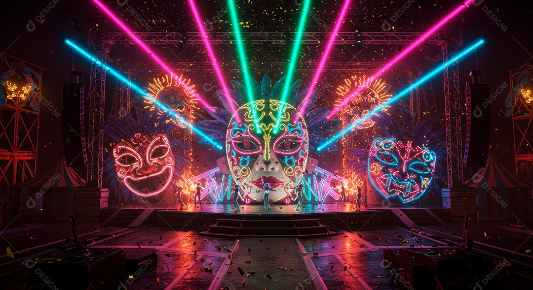 Cenário de festa de Carnaval iluminado.