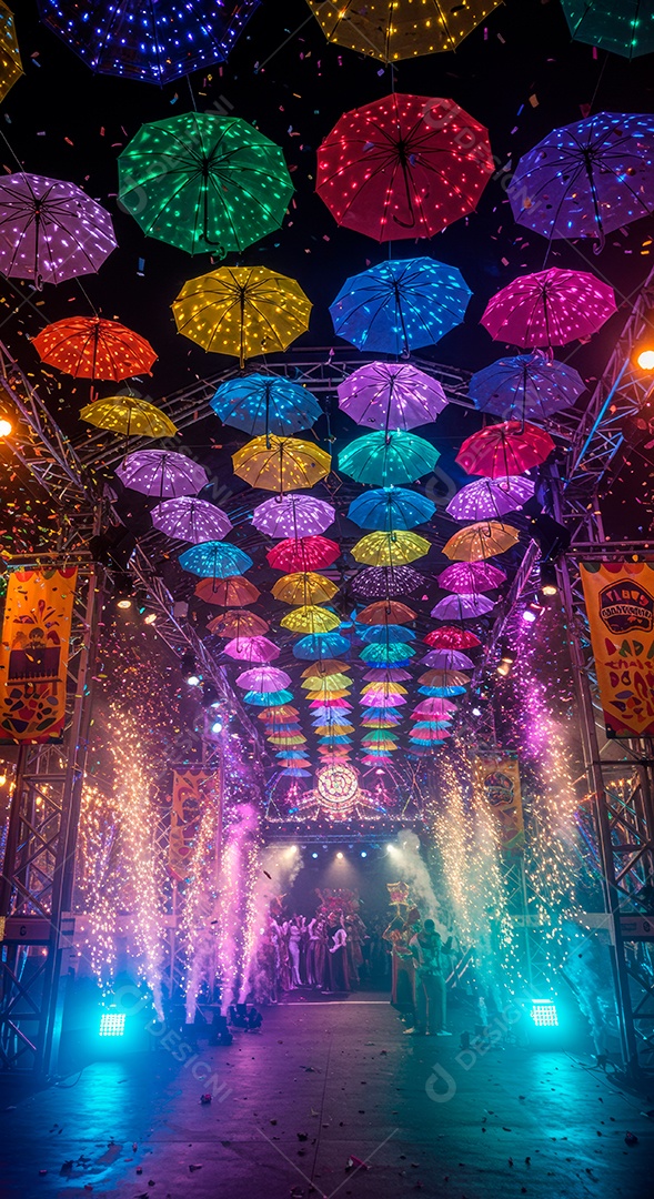 Cenário de festa de Carnaval iluminado.