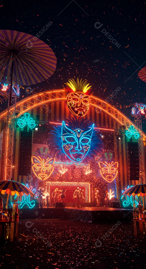 Cenário de festa de Carnaval iluminado.
