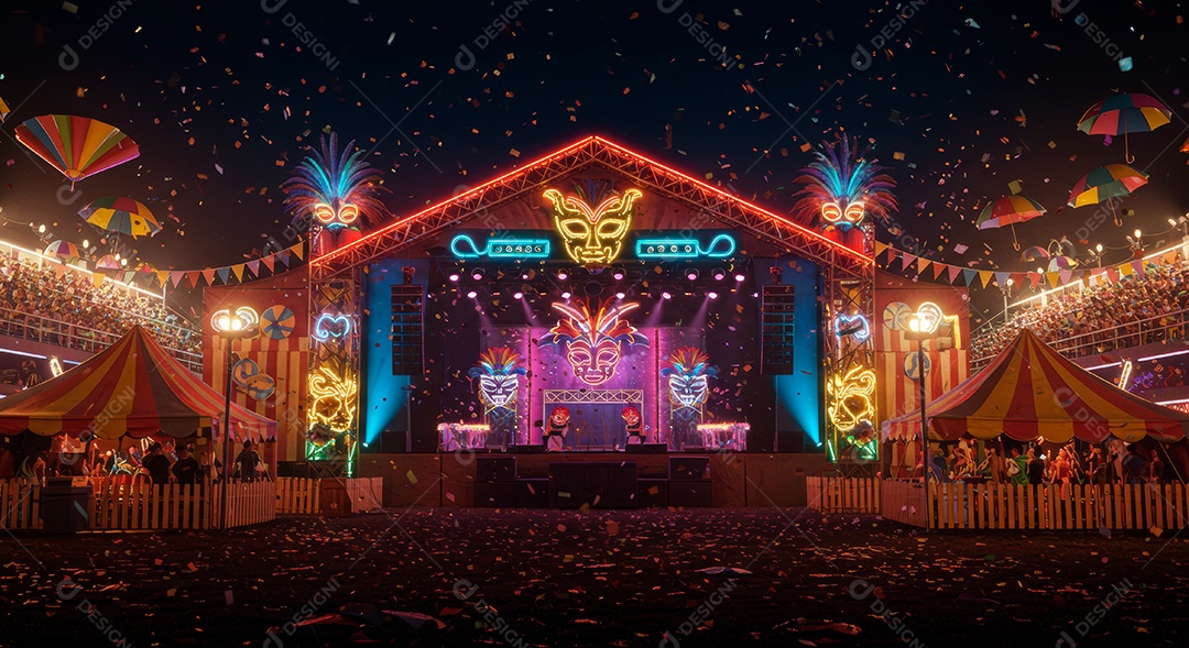 Cenário de festa de Carnaval iluminado.